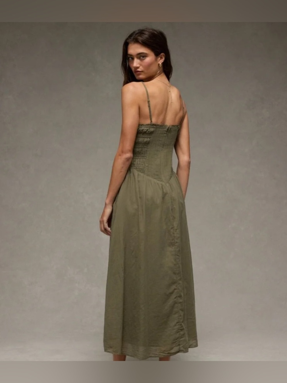 American Eagle Bella Bow Maxi Smocked Bodice Dress in Olive Cottagecore Size S - Picture 3 of 11